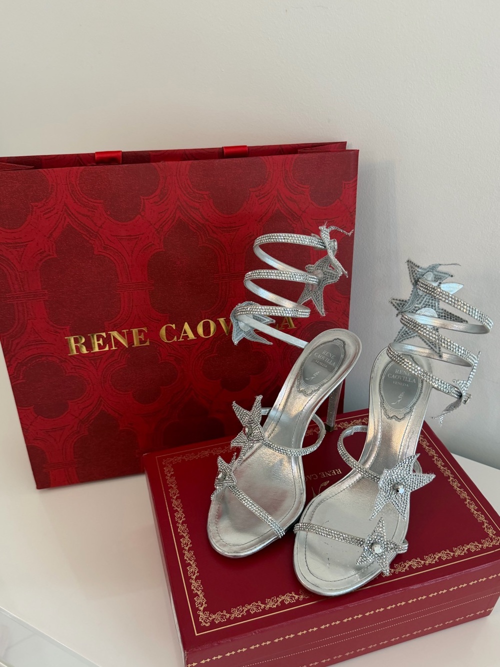 Brand New Rene Caovilla Silver Spiral Star Crystal Sandals